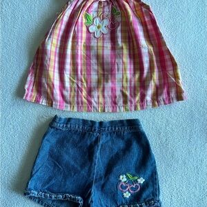 Pink Plaid Top and Denim Shorts Set with Cherries and Floral Design
